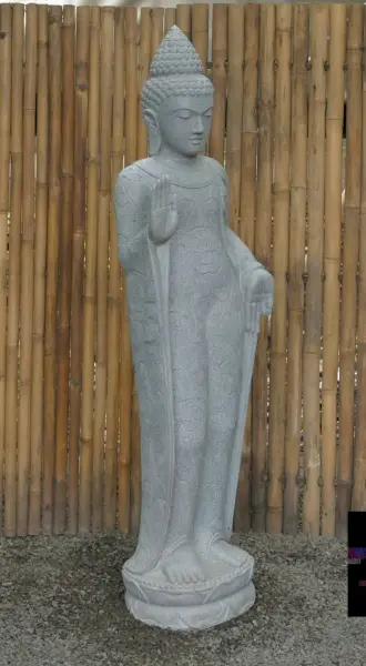 Product image of the product “Standing Indian Buddha, floral pattern on the cape - gesture of fearlessness, in the sizes from 120cm to 180cm, Natural finish ”